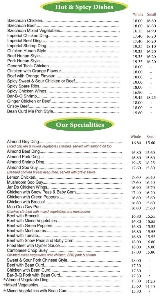 Silver Dragon menu — additional items