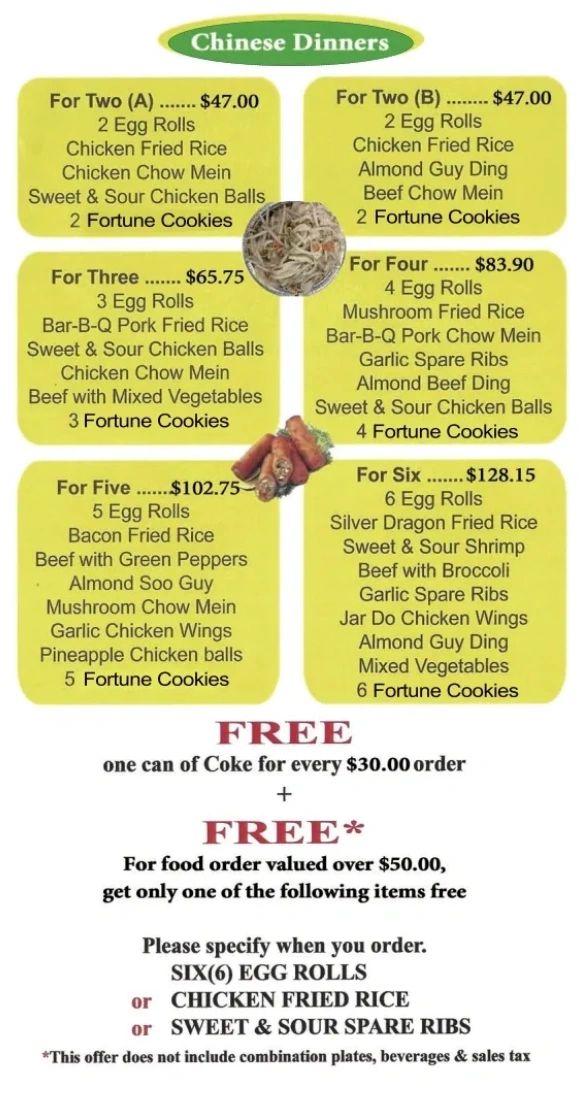 Silver Dragon menu — hot dishes and specials