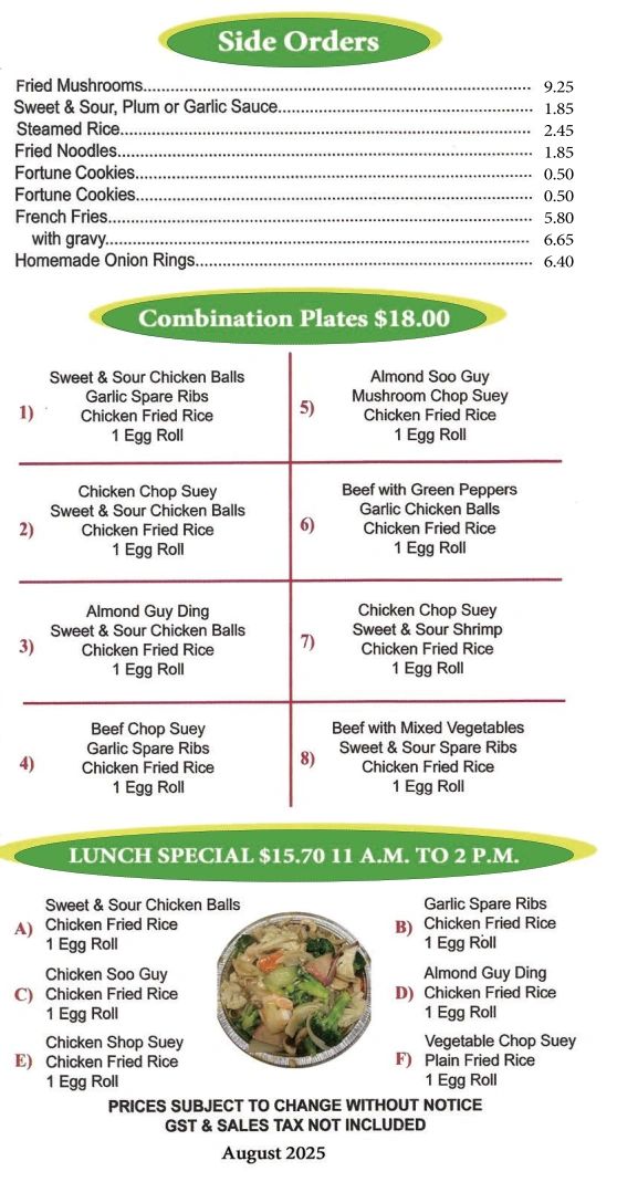 Silver Dragon menu — combination plates and side orders