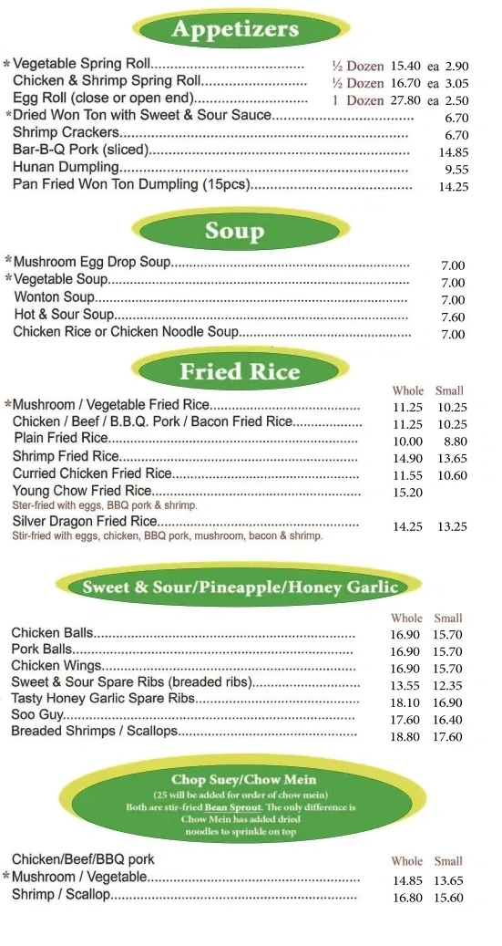 Silver Dragon menu — appetizers, soups, fried rice, sweet and sour, chop suey