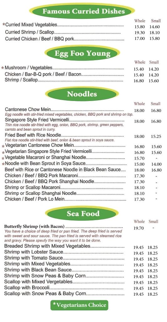 Silver Dragon menu — curried dishes, egg foo young, noodles, seafood, vegetarian